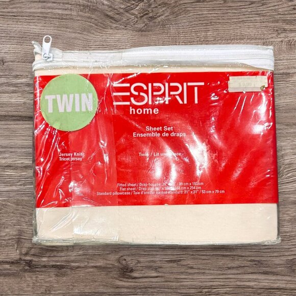 NWT New ESPRIT Jersey Knit 3-PC Twin Sheet Set Tan Cream Flat Fitted Pillowcase - Picture 1 of 2